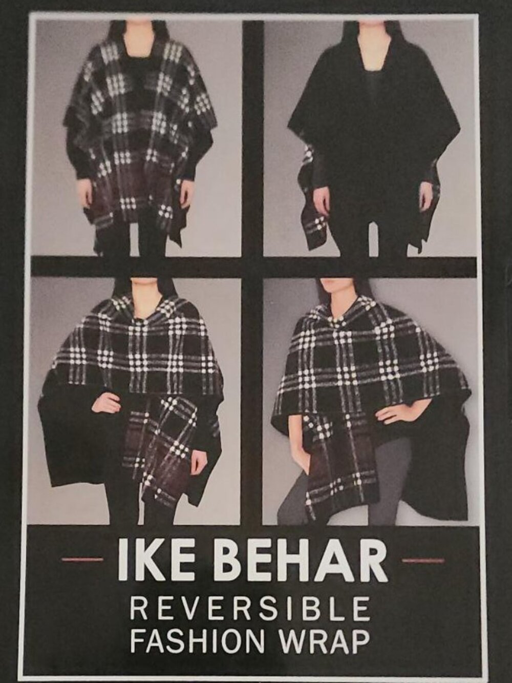 NWT Ike Behar Ladies Reversible Wrap One Size Plaid Black White Red Artsy Cape